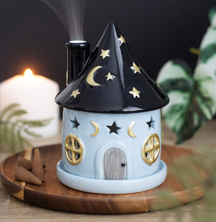 Celestial Cottage ceramic incense cone holder with starry roof and crescent moon - witchy home decor