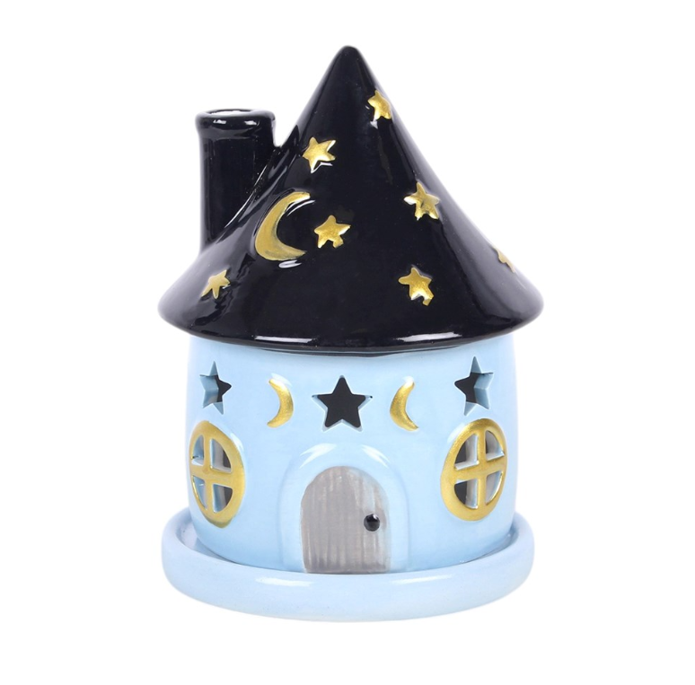 Celestial Cottage ceramic incense cone holder with starry roof and crescent moon - witchy home decor