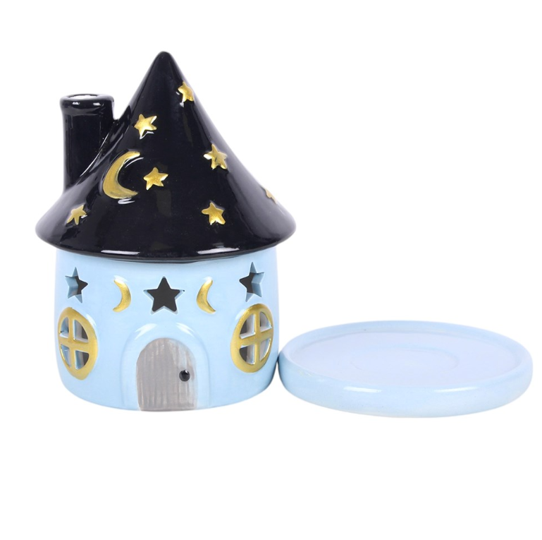 Celestial Cottage ceramic incense cone holder with starry roof and crescent moon - witchy home decor