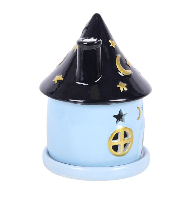 Celestial Cottage ceramic incense cone holder with starry roof and crescent moon - witchy home decor