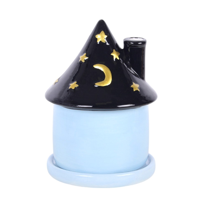 Celestial Cottage ceramic incense cone holder with starry roof and crescent moon - witchy home decor