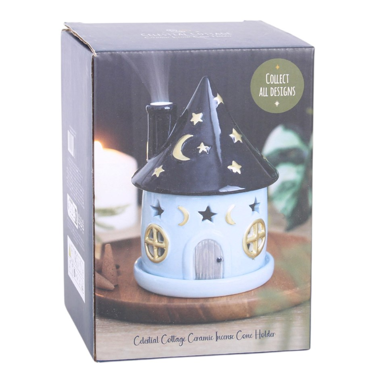 Celestial Cottage ceramic incense cone holder with starry roof and crescent moon - witchy home decor
