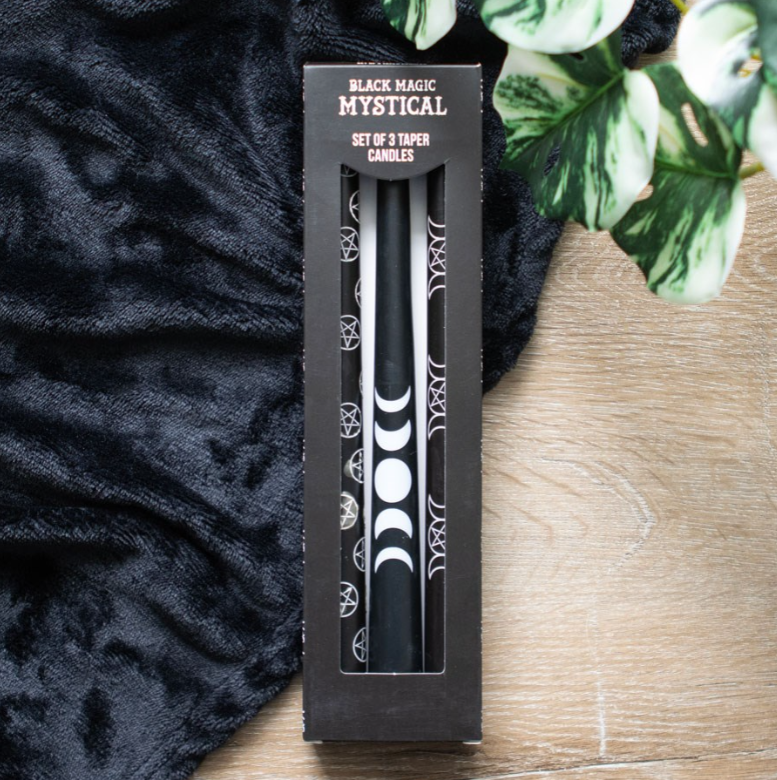 Set of 3 black taper candles with pentagram and moon phase mystical designs