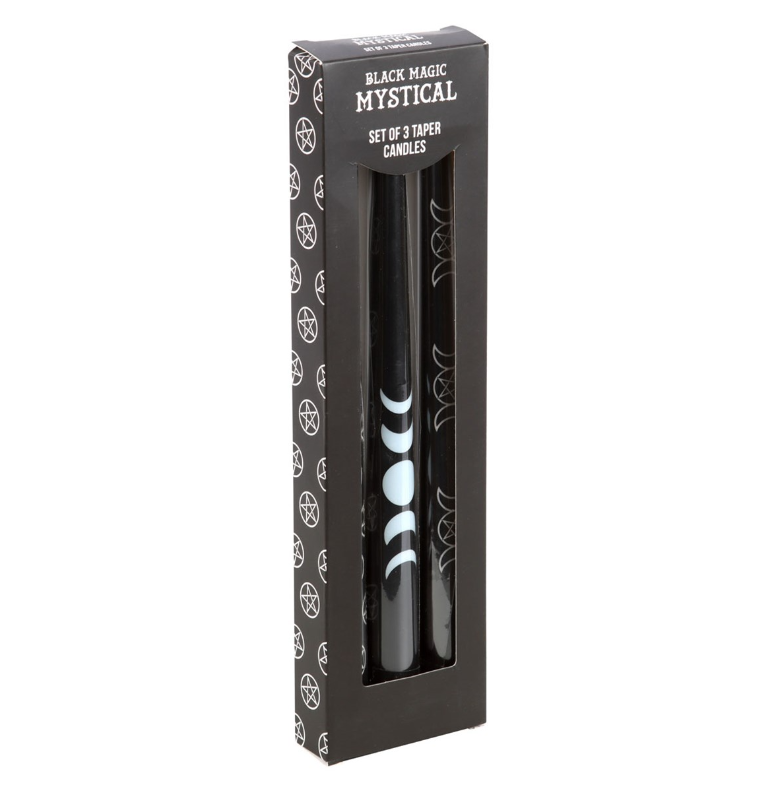 Set of 3 black taper candles with pentagram and moon phase mystical designs