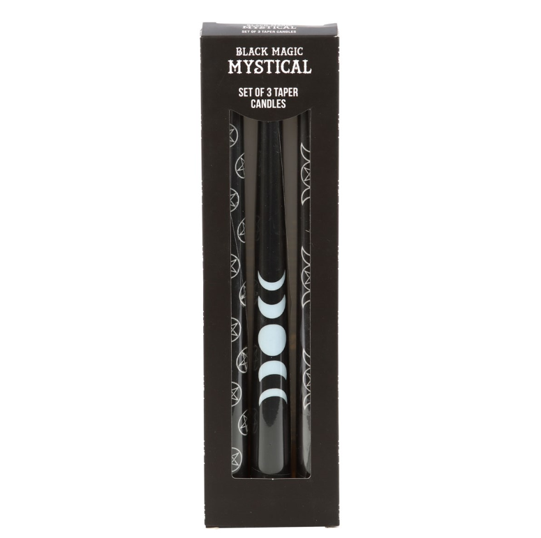 Set of 3 black taper candles with pentagram and moon phase mystical designs