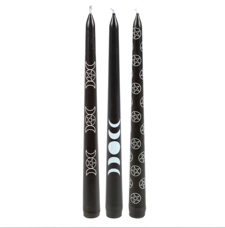 Set of 3 black taper candles with pentagram and moon phase mystical designs