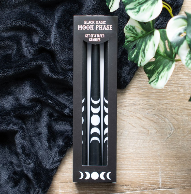 Set of 3 black taper candles with a mystical moon phase design