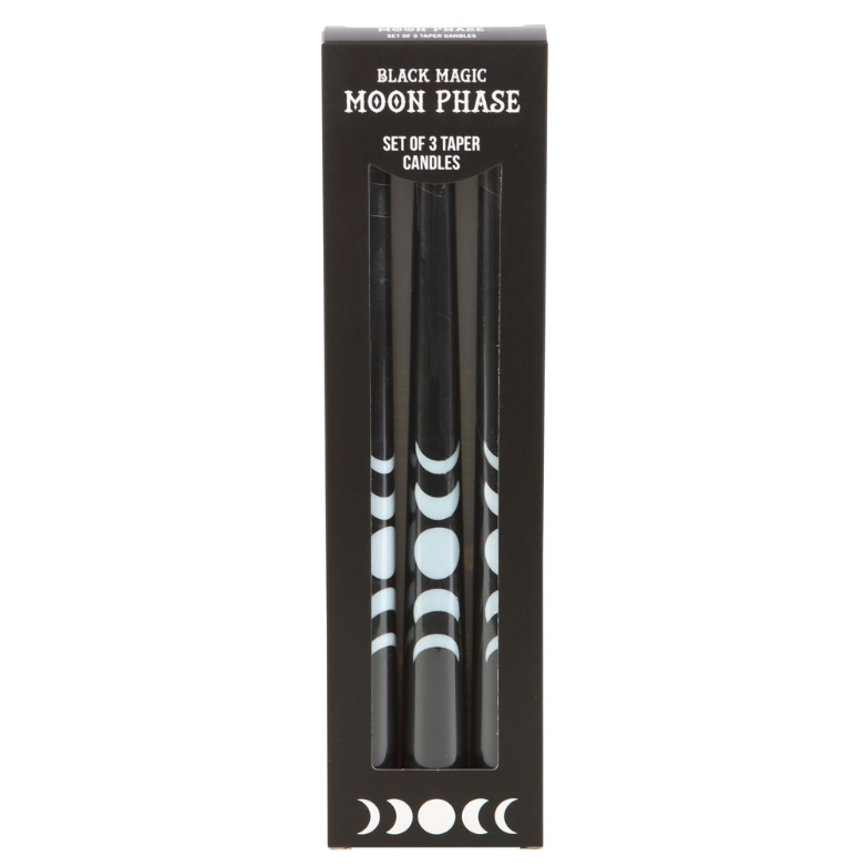 Set of 3 black taper candles with a mystical moon phase design