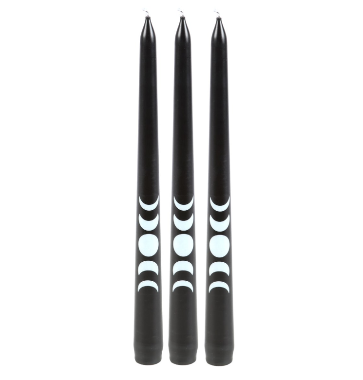 Set of 3 black taper candles with a mystical moon phase design