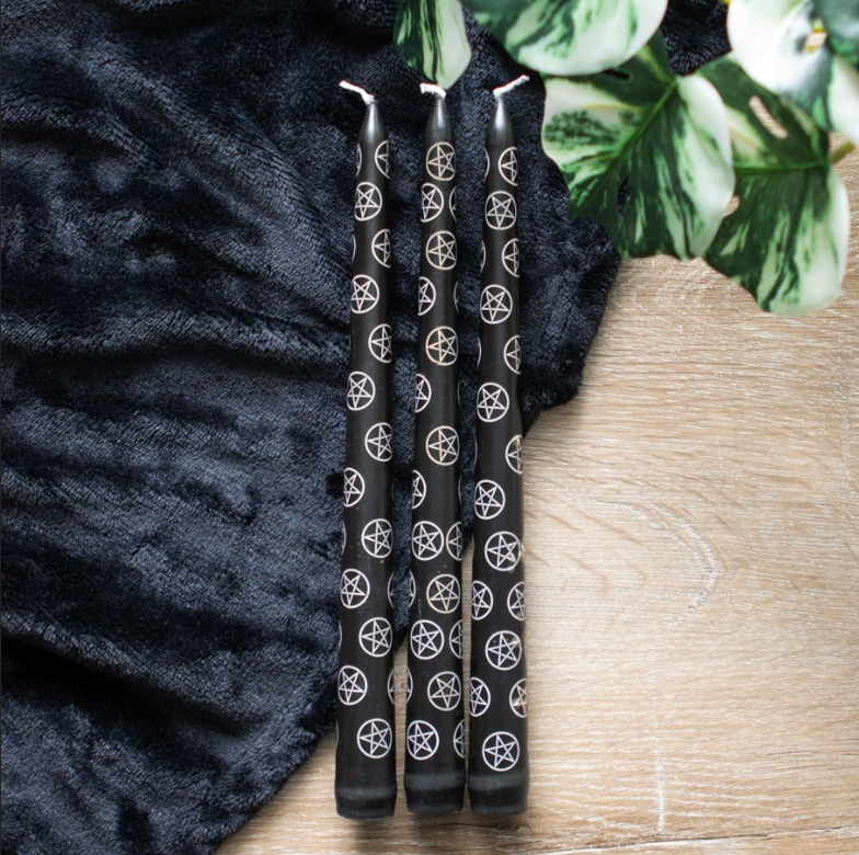 Set of 3 black taper candles with a mystical pentagram design