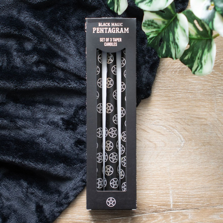 Set of 3 black taper candles with a mystical pentagram design