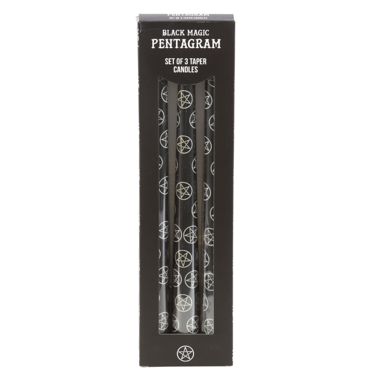 Set of 3 black taper candles with a mystical pentagram design