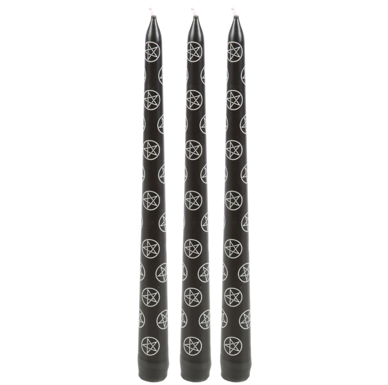 Set of 3 black taper candles with a mystical pentagram design