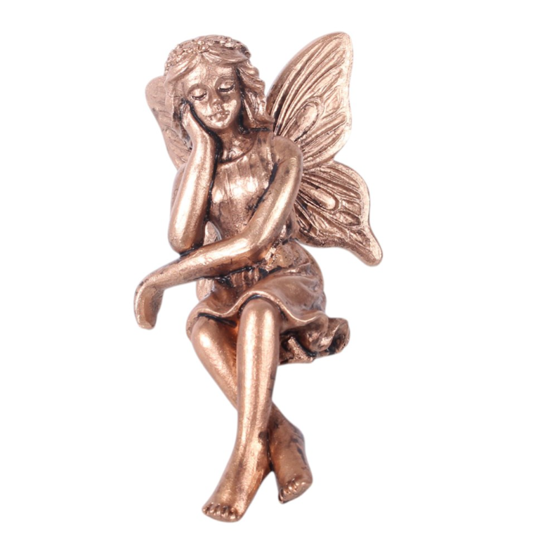 Set of 2 bronze-effect resin fairy shelf sitter ornaments displayed on a shelf