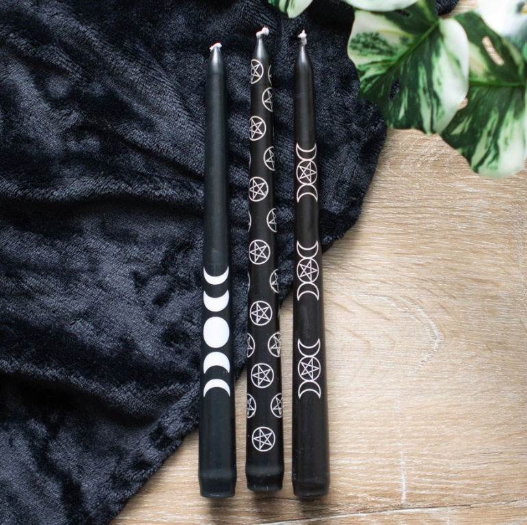 Set of 3 black taper candles with pentagram and moon phase mystical designs