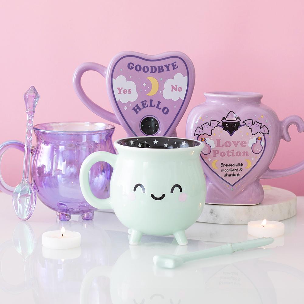 Mint green cauldron mug with wand stirrer pastel witchy coffee cup gothic drinkware