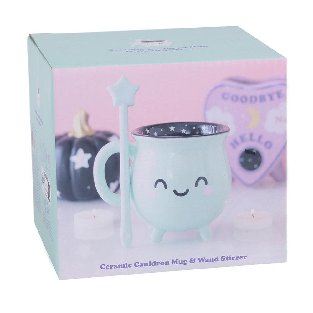 Mint green cauldron mug with wand stirrer pastel witchy coffee cup gothic drinkware