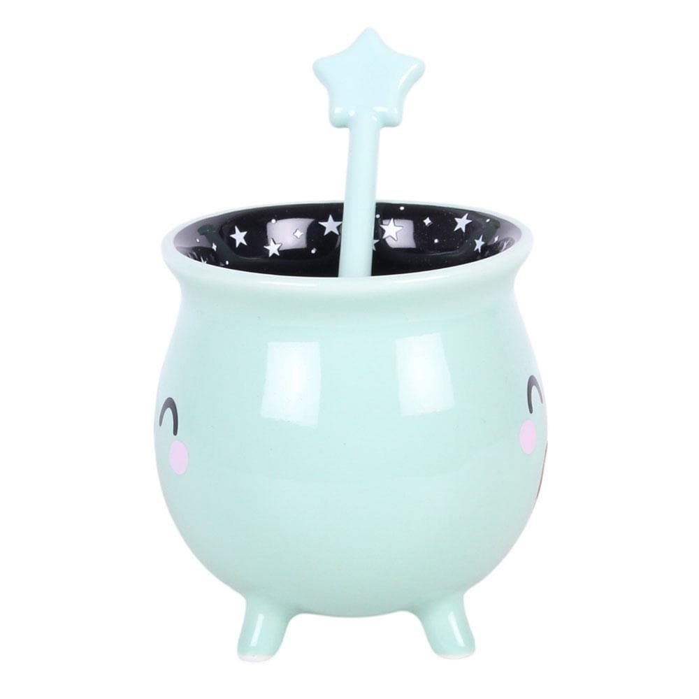 Mint green cauldron mug with wand stirrer pastel witchy coffee cup gothic drinkware