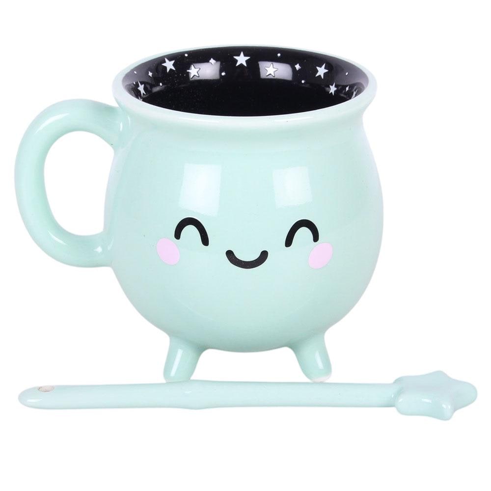 Mint green cauldron mug with wand stirrer pastel witchy coffee cup gothic drinkware