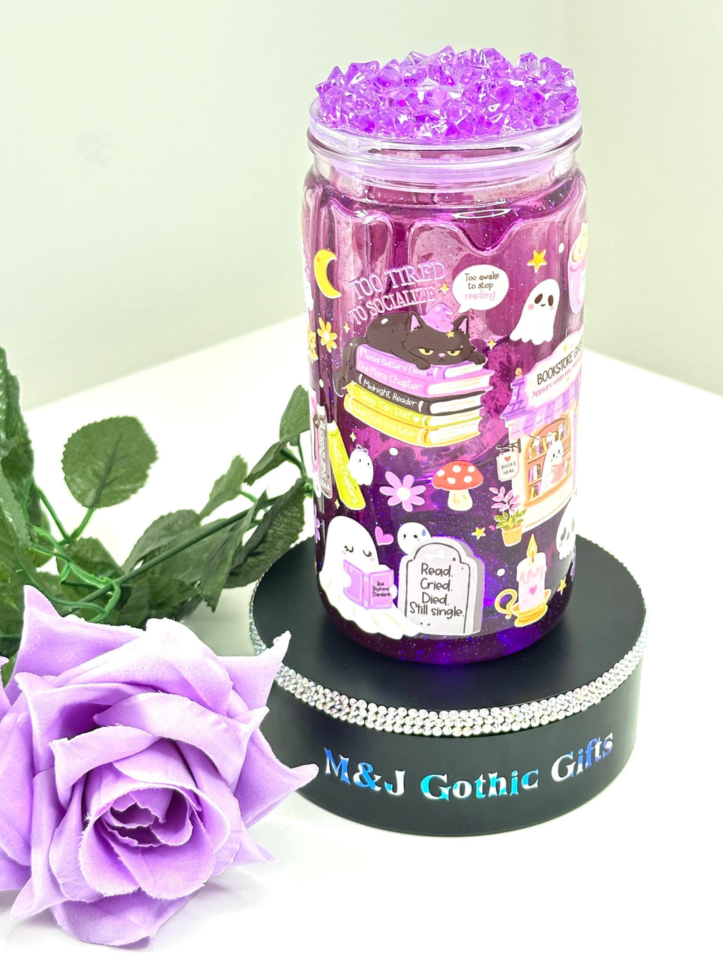 Pastel gothic Halloween snow globe tumbler with iced lid and straw