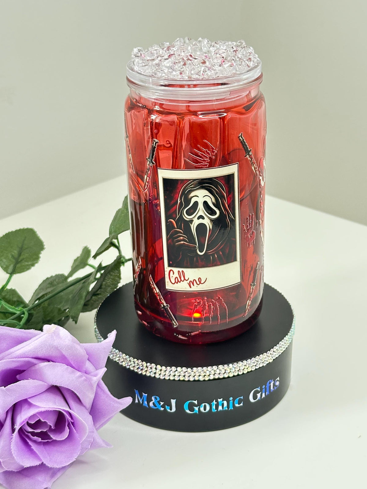 Horror snow globe tumbler with gothic iced lid and straw