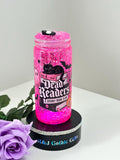 Gothic book lover snow globe tumbler with spooky cat and pink glitter