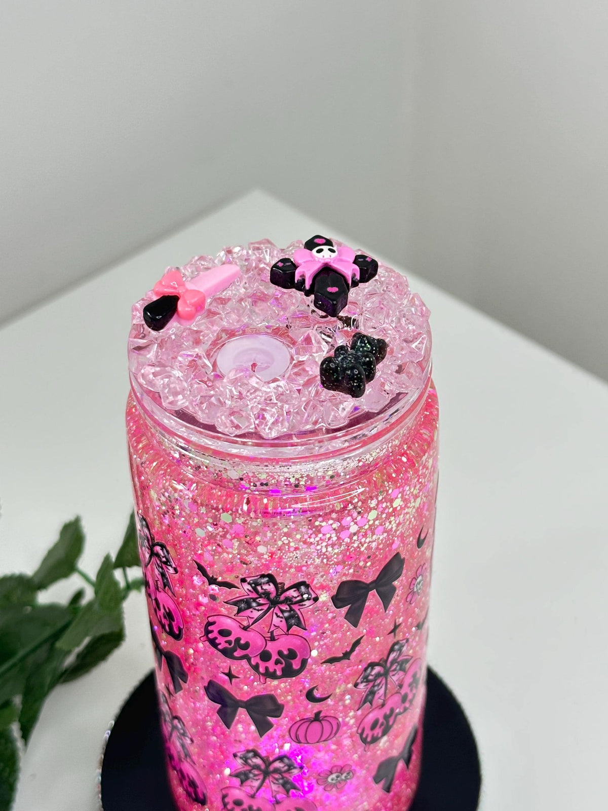 Halloween pastel gothic snow globe tumbler with glitter, iced lid and straw