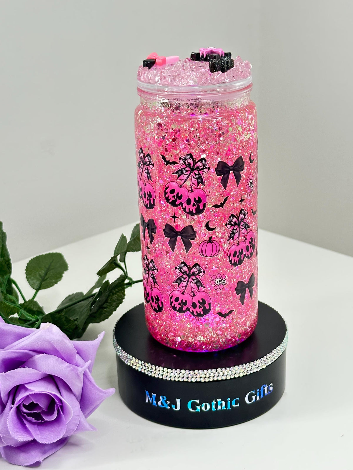 Halloween pastel gothic snow globe tumbler with glitter, iced lid and straw