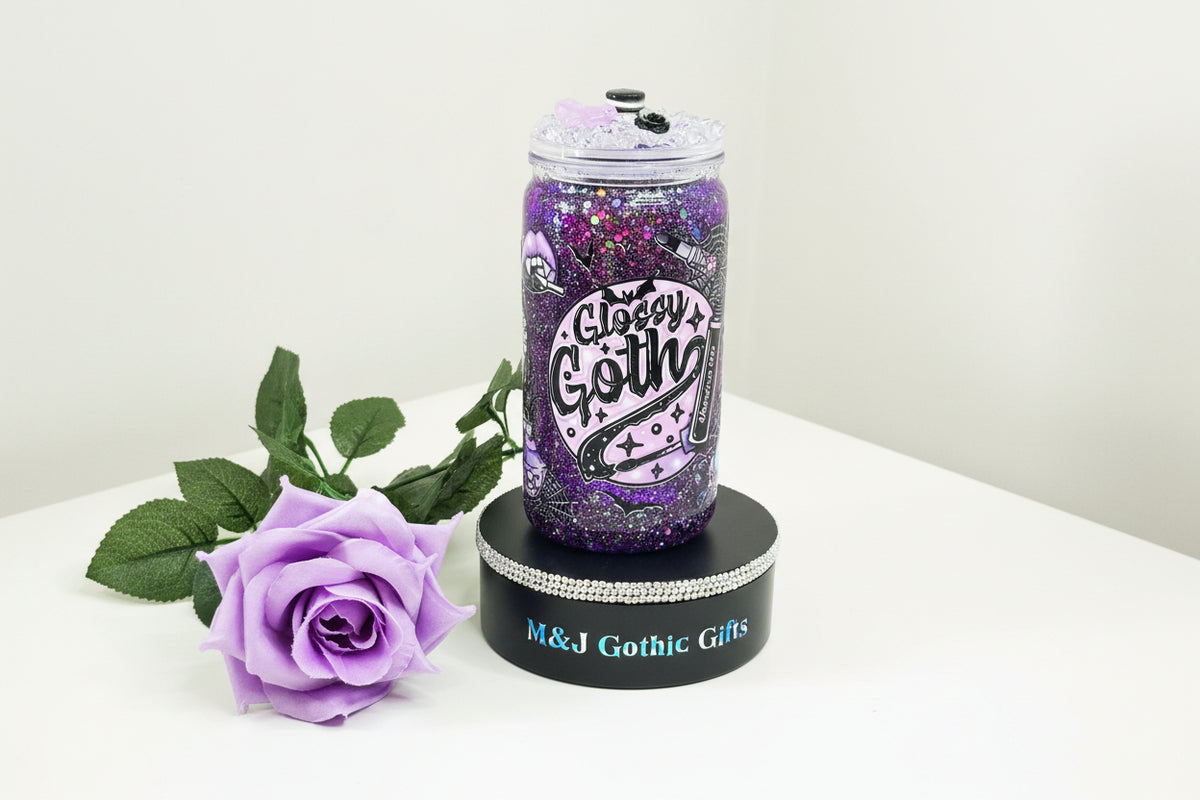 Pastel gothic snow globe tumbler with glitter, iced lid and straw