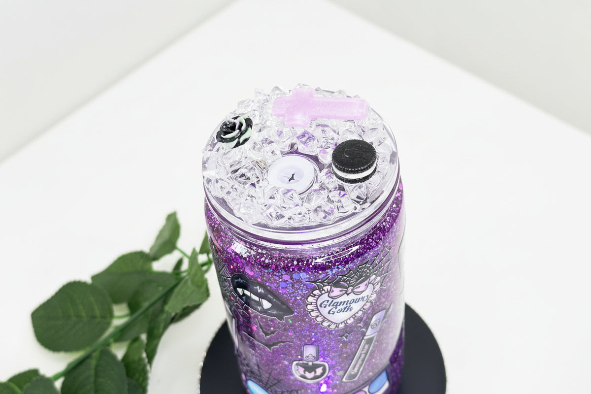 Pastel gothic snow globe tumbler with glitter, iced lid and straw