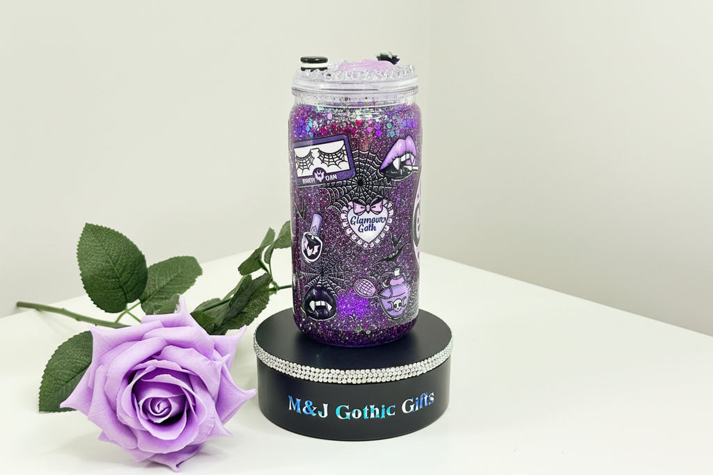 Pastel gothic snow globe tumbler with glitter, iced lid and straw