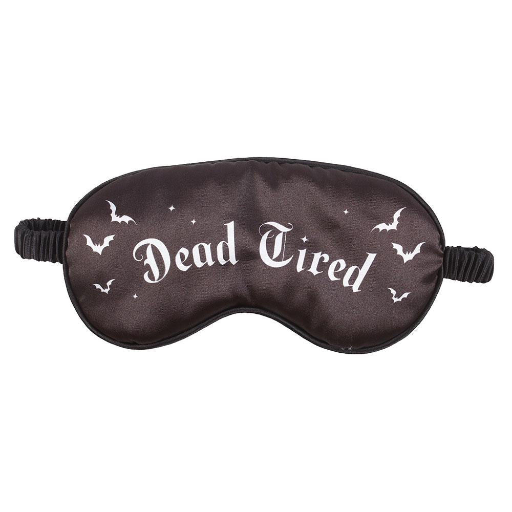 Dead Tired black satin sleep mask with gothic lettering