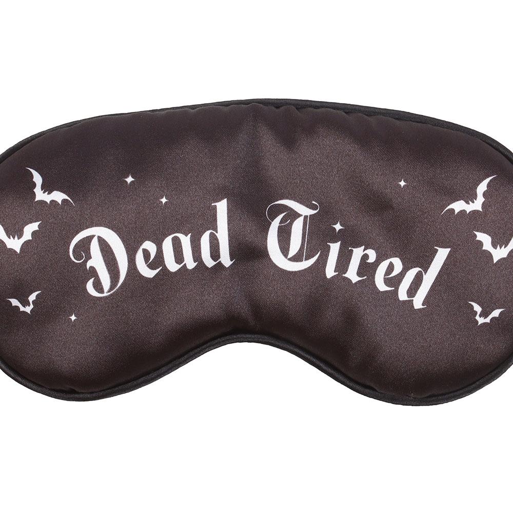 Dead Tired black satin sleep mask with gothic lettering