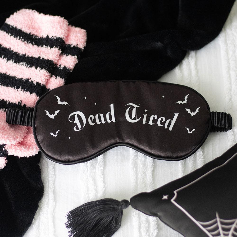 Dead Tired black satin sleep mask with gothic lettering