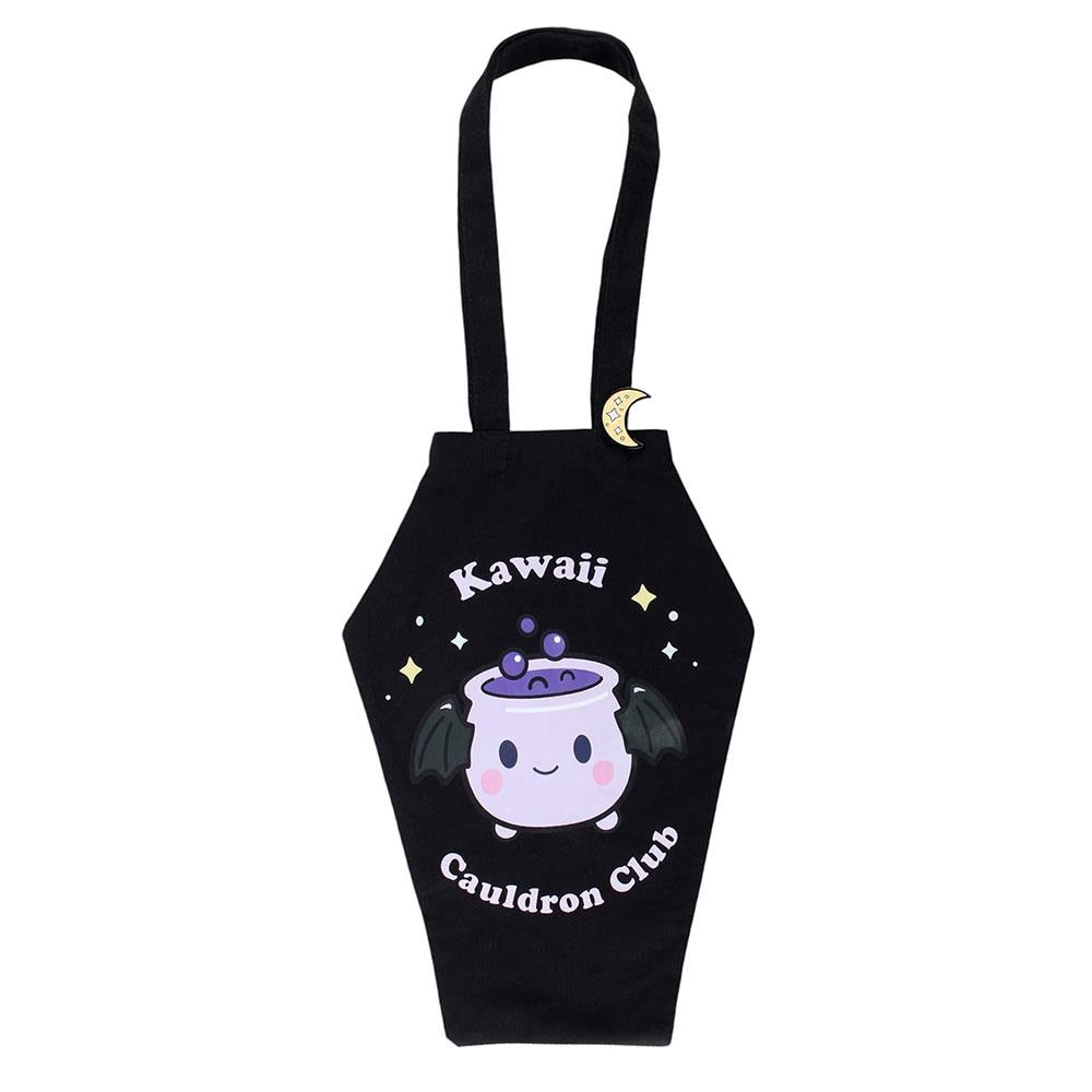 Kawaii cauldron club coffin shaped tote bag with crescent moon enamel pin badge