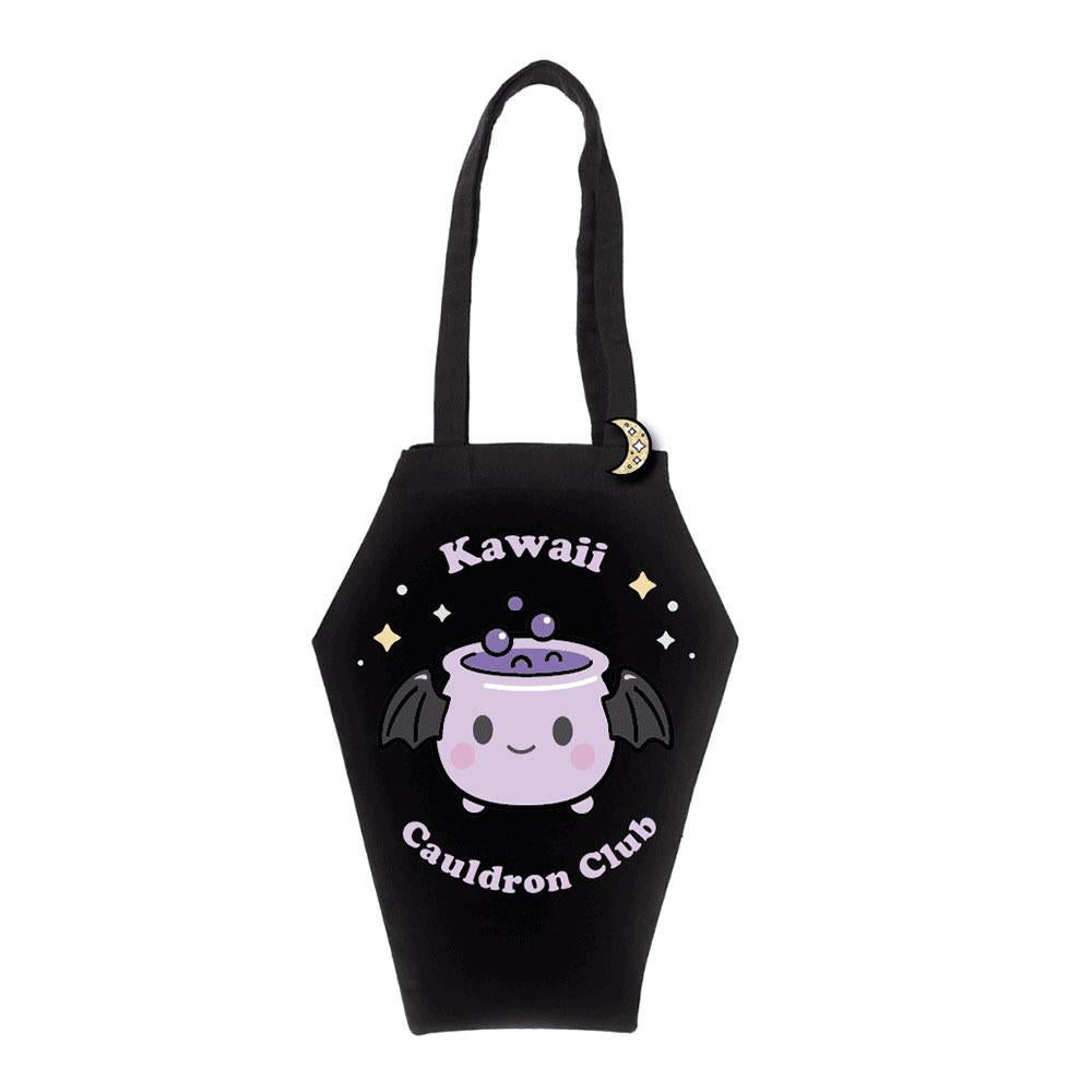 Kawaii cauldron club coffin shaped tote bag with crescent moon enamel pin badge