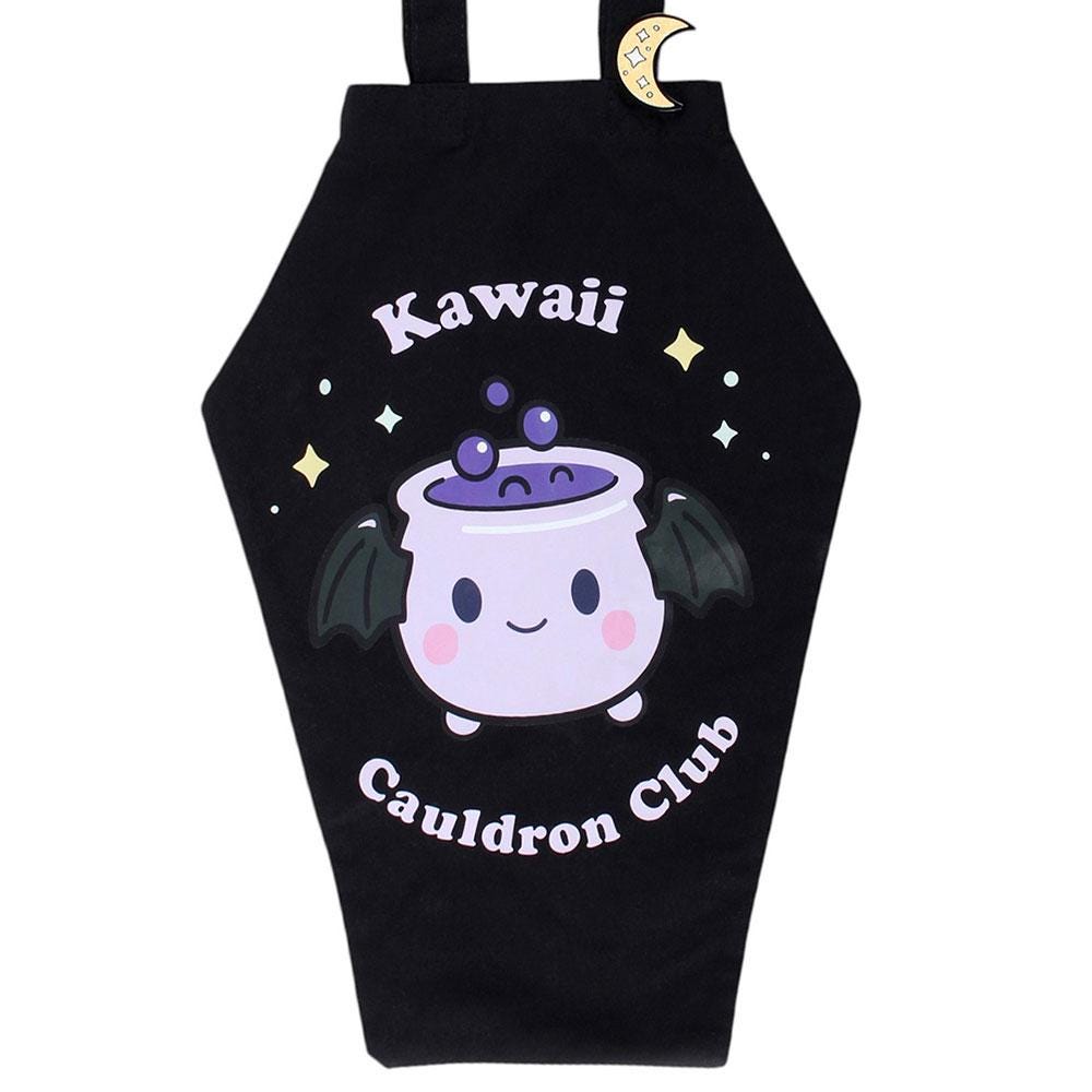 Kawaii cauldron club coffin shaped tote bag with crescent moon enamel pin badge