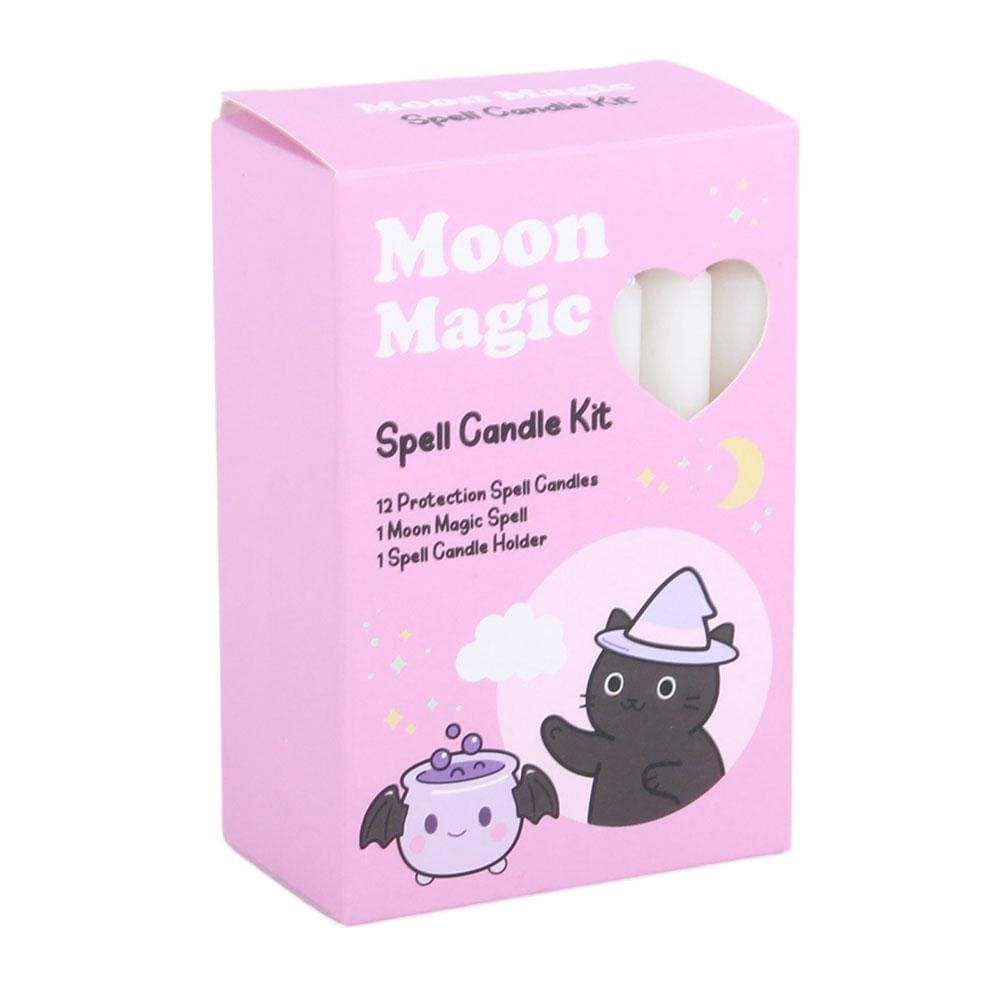 Moon magic spell candle kit with white candles wooden holder and spell card