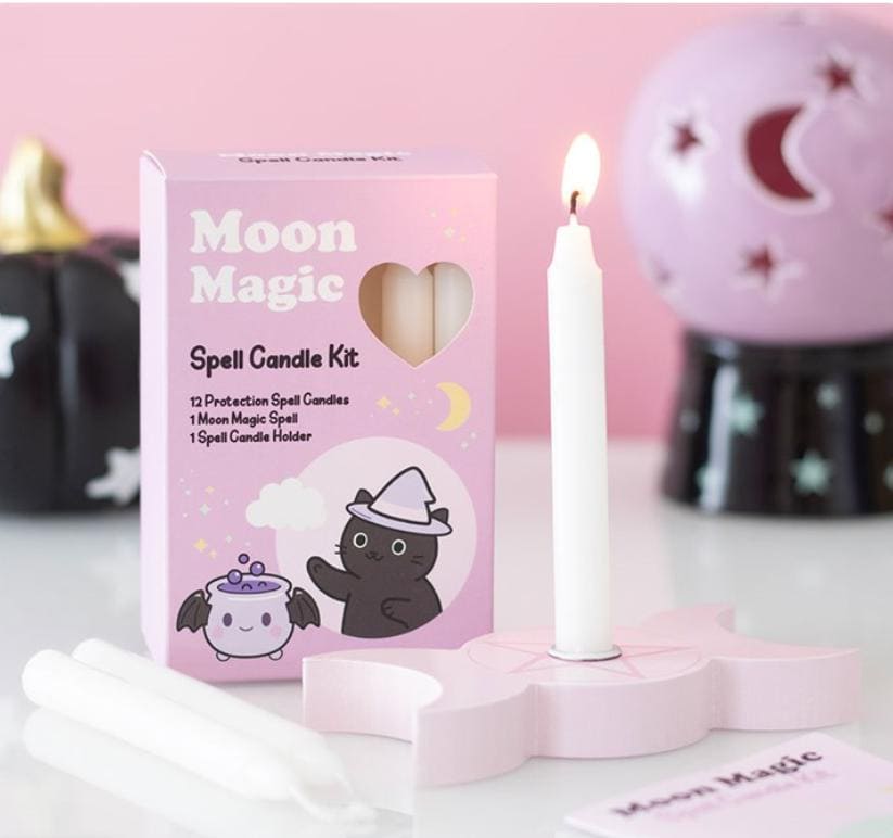 Moon magic spell candle kit with white candles wooden holder and spell card