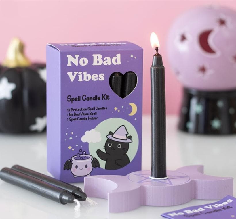 No bad vibes spell candle kit with black candles wooden holder and spell card