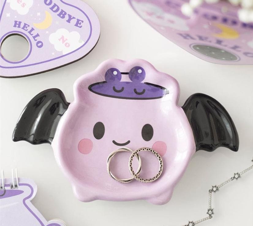 Pastel batbrew cauldron trinket dish with bat wings smiling face gothic desk decor