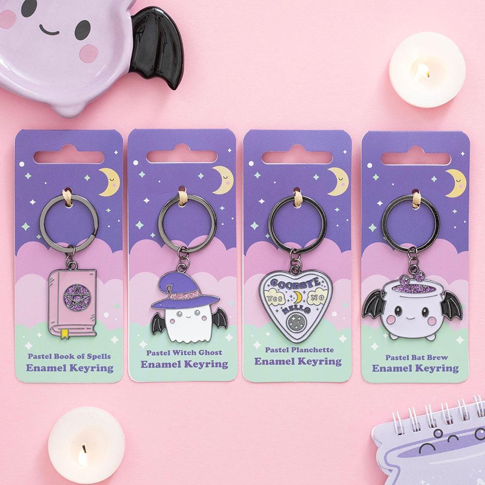 Pastel batbrew cauldron enamel keyring with bat wings and glitter spooky cute accessory