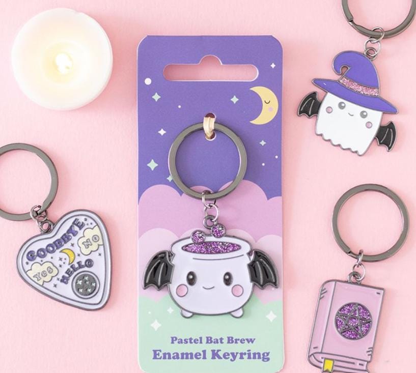 Pastel batbrew cauldron enamel keyring with bat wings and glitter spooky cute accessory