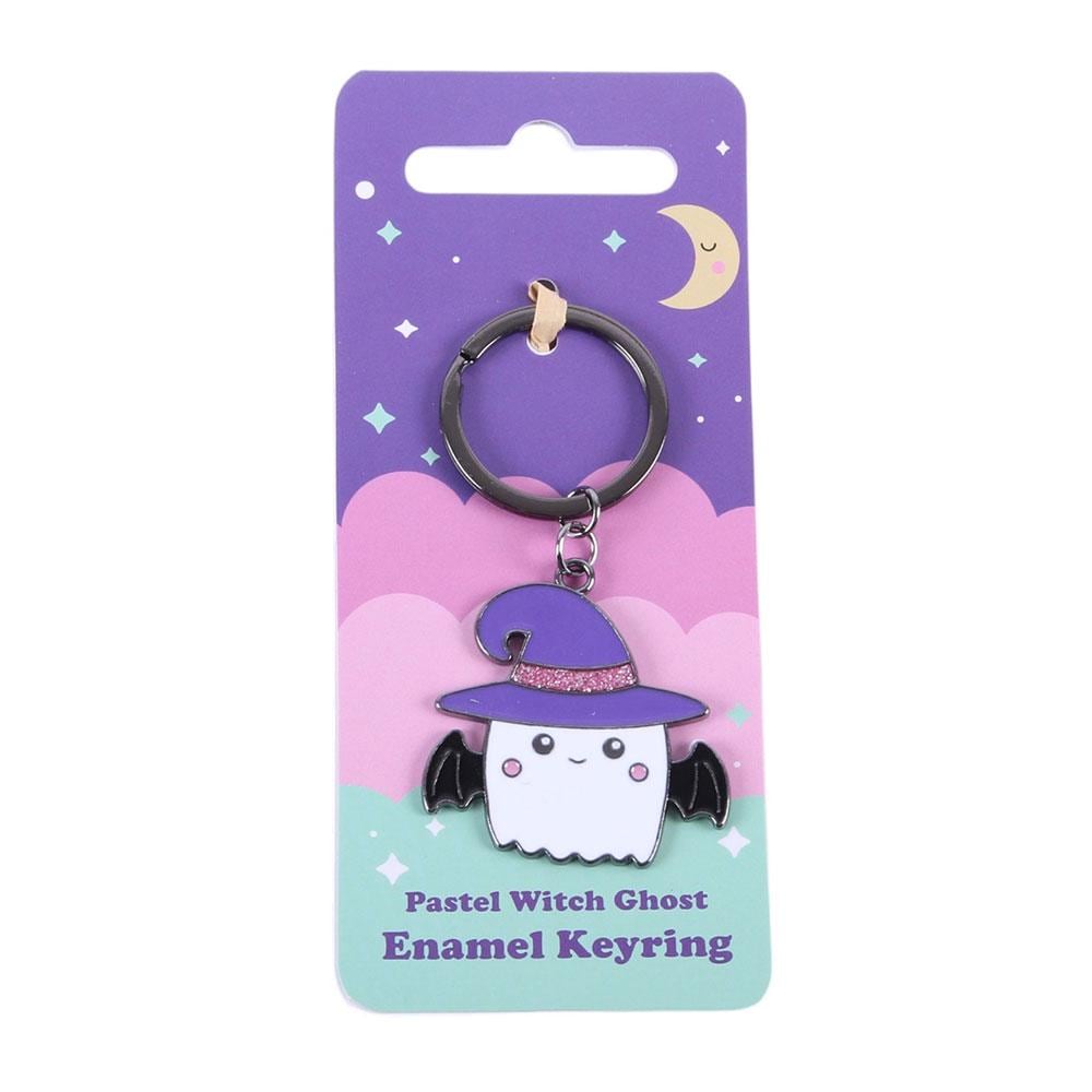 Pastel witch ghost keyring with glitter witch hat and bat wings spooky cute accessory