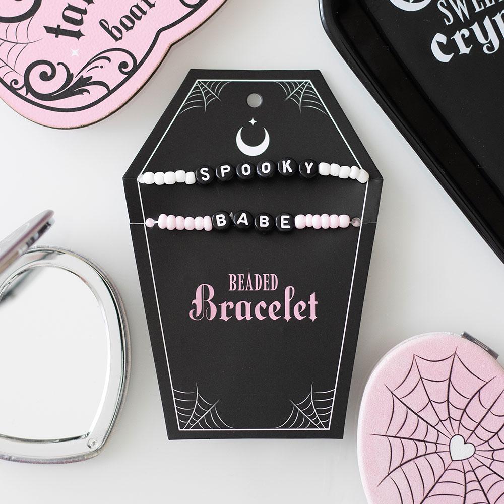 Pink and black spooky babe beaded bracelet set gothic jewellery