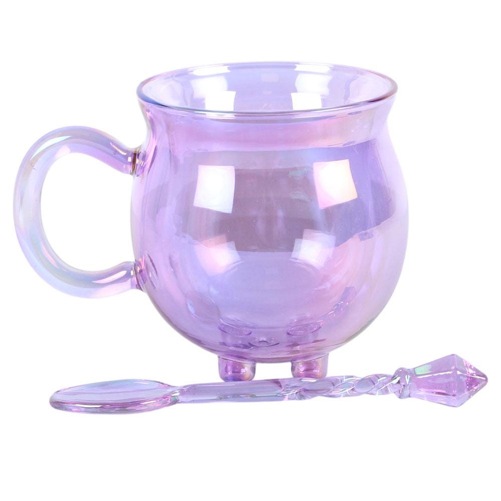 Purple double walled cauldron mug with spoon insulated gothic drinkware witchy gift