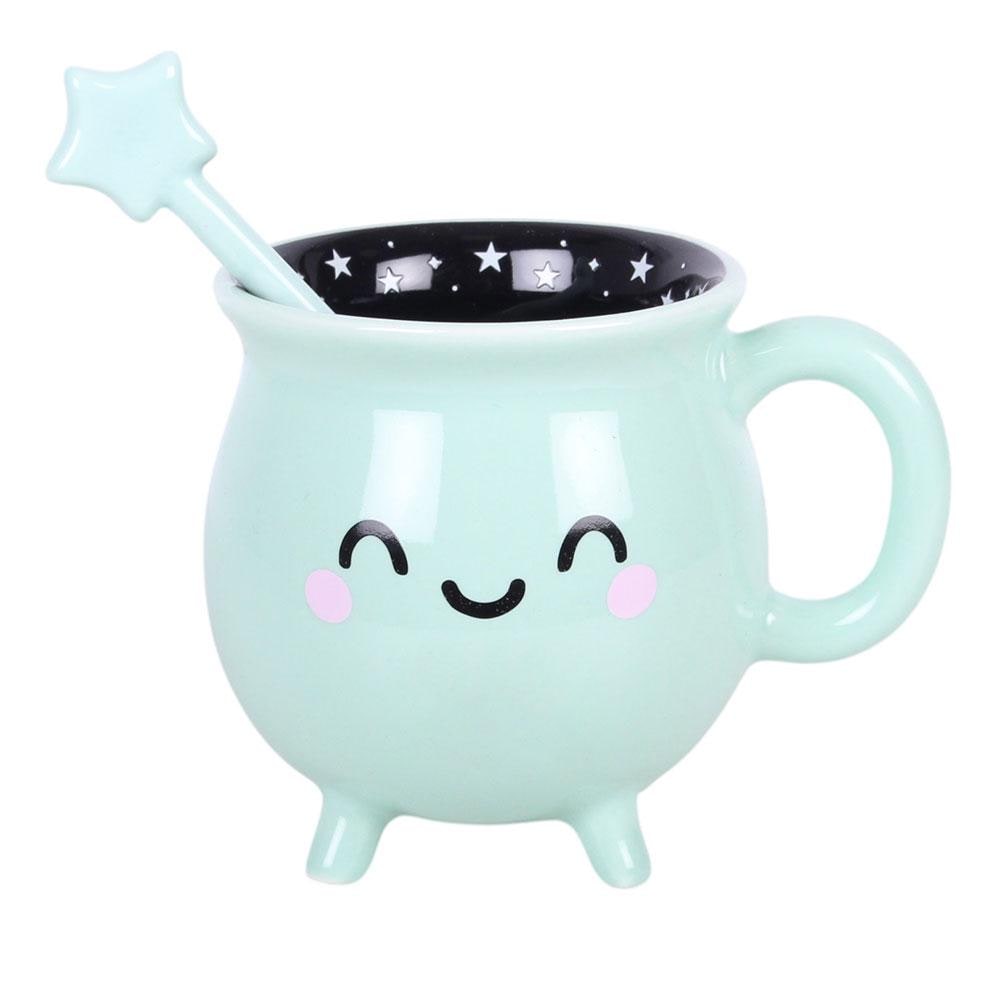 Mint green cauldron mug with wand stirrer pastel witchy coffee cup gothic drinkware