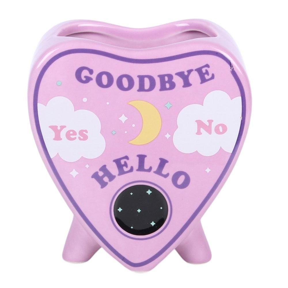 Pastel planchette shaped ceramic flower vase with celestial talking board design