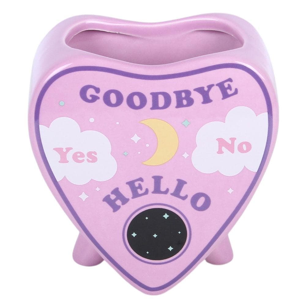 Pastel planchette shaped ceramic flower vase with celestial talking board design