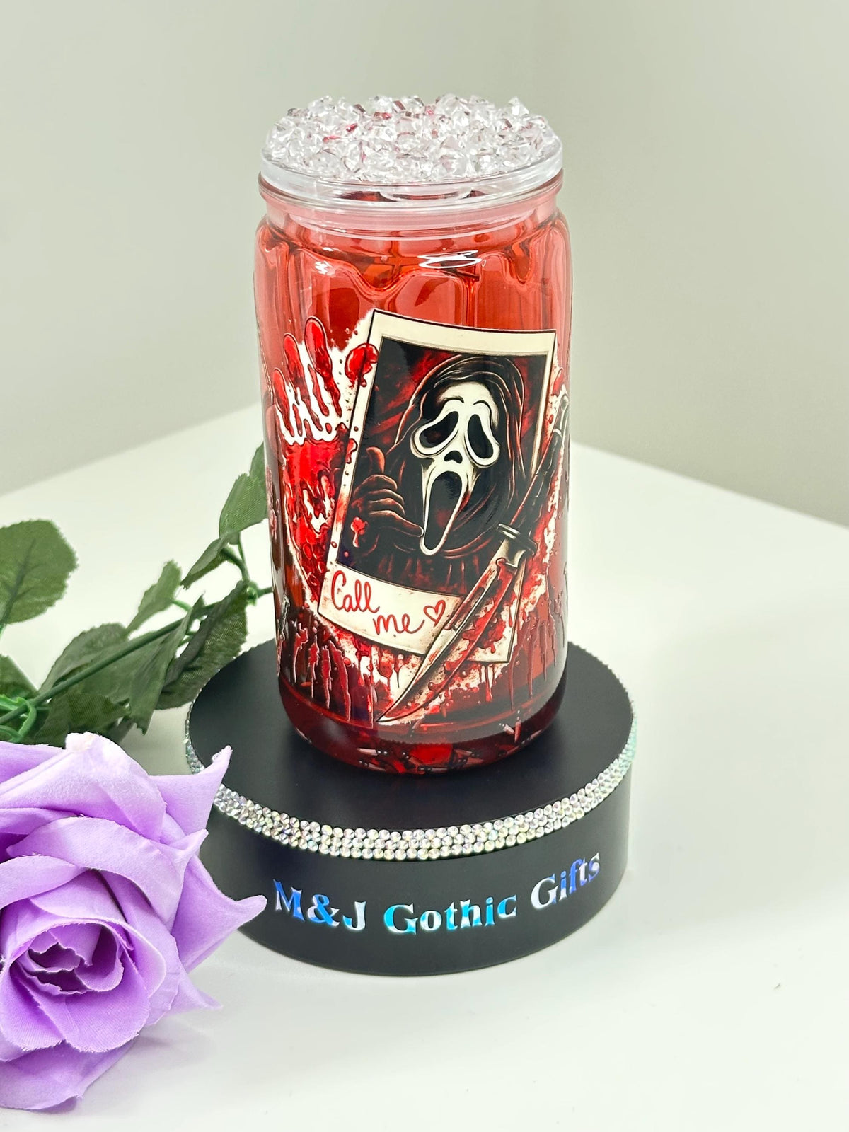 Horror snow globe tumbler with gothic iced lid and straw